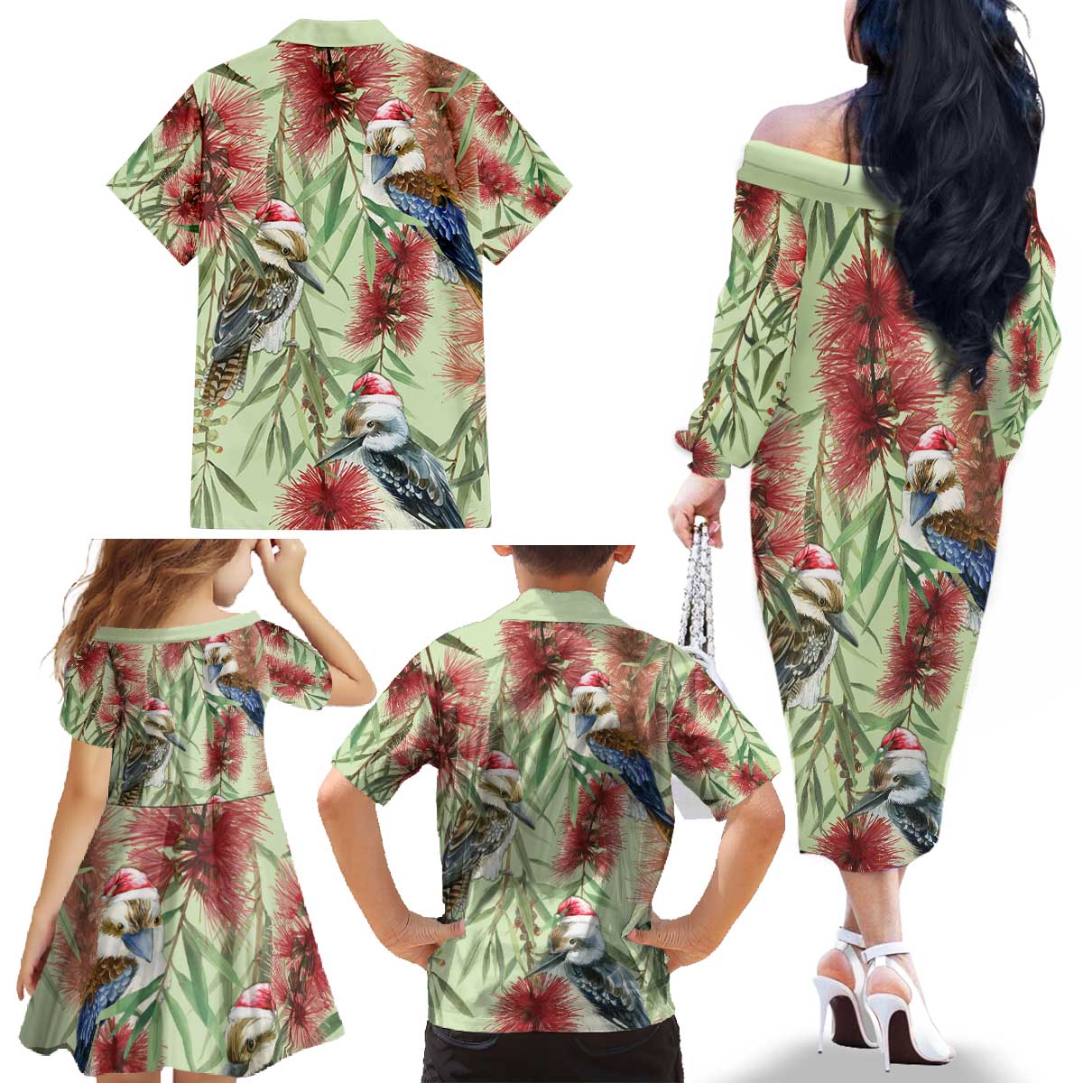 Australia Christmas Family Matching Off The Shoulder Long Sleeve Dress and Hawaiian Shirt Kookaburra Santa on Callistemon - Pastel