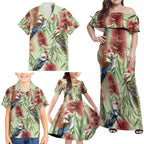 Australia Christmas Family Matching Off Shoulder Maxi Dress and Hawaiian Shirt Kookaburra Santa on Callistemon - Pastel