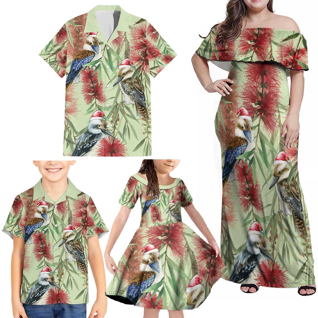 Australia Christmas Family Matching Off Shoulder Maxi Dress and Hawaiian Shirt Kookaburra Santa on Callistemon - Pastel