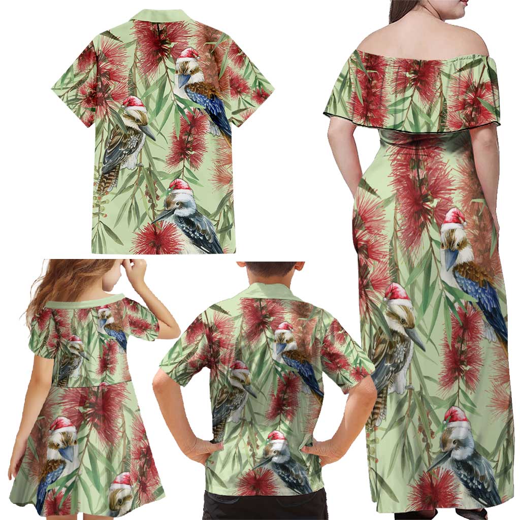 Australia Christmas Family Matching Off Shoulder Maxi Dress and Hawaiian Shirt Kookaburra Santa on Callistemon - Pastel