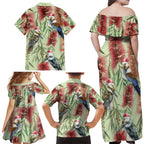 Australia Christmas Family Matching Off Shoulder Maxi Dress and Hawaiian Shirt Kookaburra Santa on Callistemon - Pastel