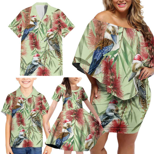 Australia Christmas Family Matching Off Shoulder Short Dress and Hawaiian Shirt Kookaburra Santa on Callistemon - Pastel