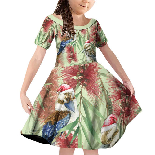 Australia Christmas Family Matching Off Shoulder Short Dress and Hawaiian Shirt Kookaburra Santa on Callistemon - Pastel