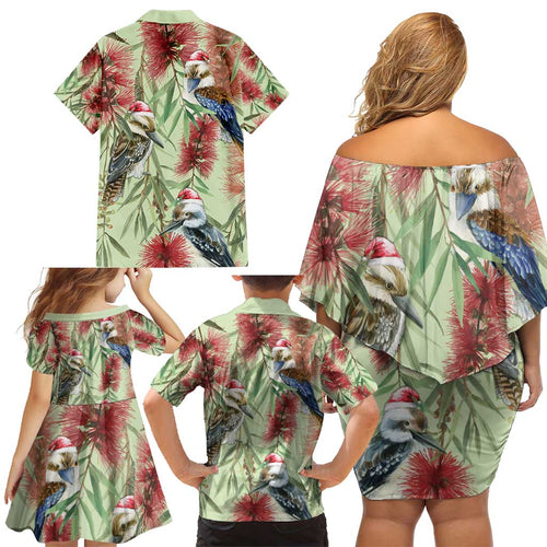 Australia Christmas Family Matching Off Shoulder Short Dress and Hawaiian Shirt Kookaburra Santa on Callistemon - Pastel