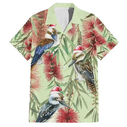 Australia Christmas Family Matching Off Shoulder Short Dress and Hawaiian Shirt Kookaburra Santa on Callistemon - Pastel