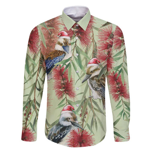 Australia Christmas Family Matching Off Shoulder Short Dress and Hawaiian Shirt Kookaburra Santa on Callistemon - Pastel