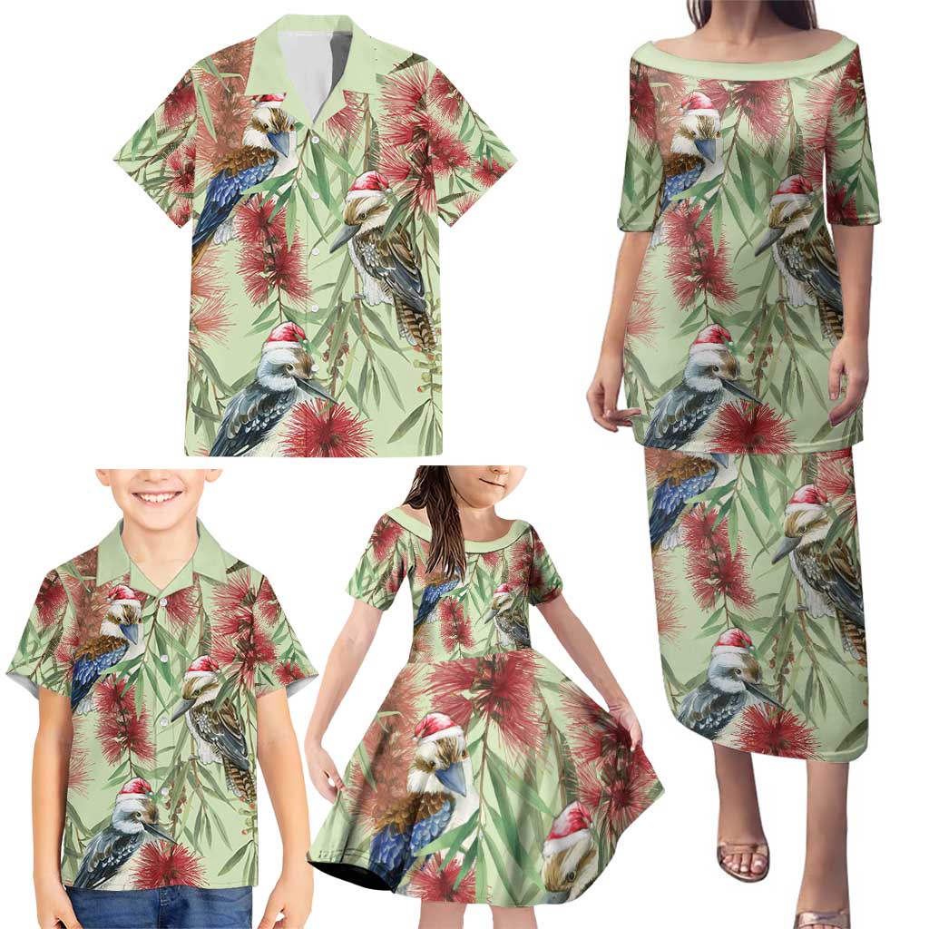 Australia Christmas Family Matching Puletasi and Hawaiian Shirt Kookaburra Santa on Callistemon - Pastel