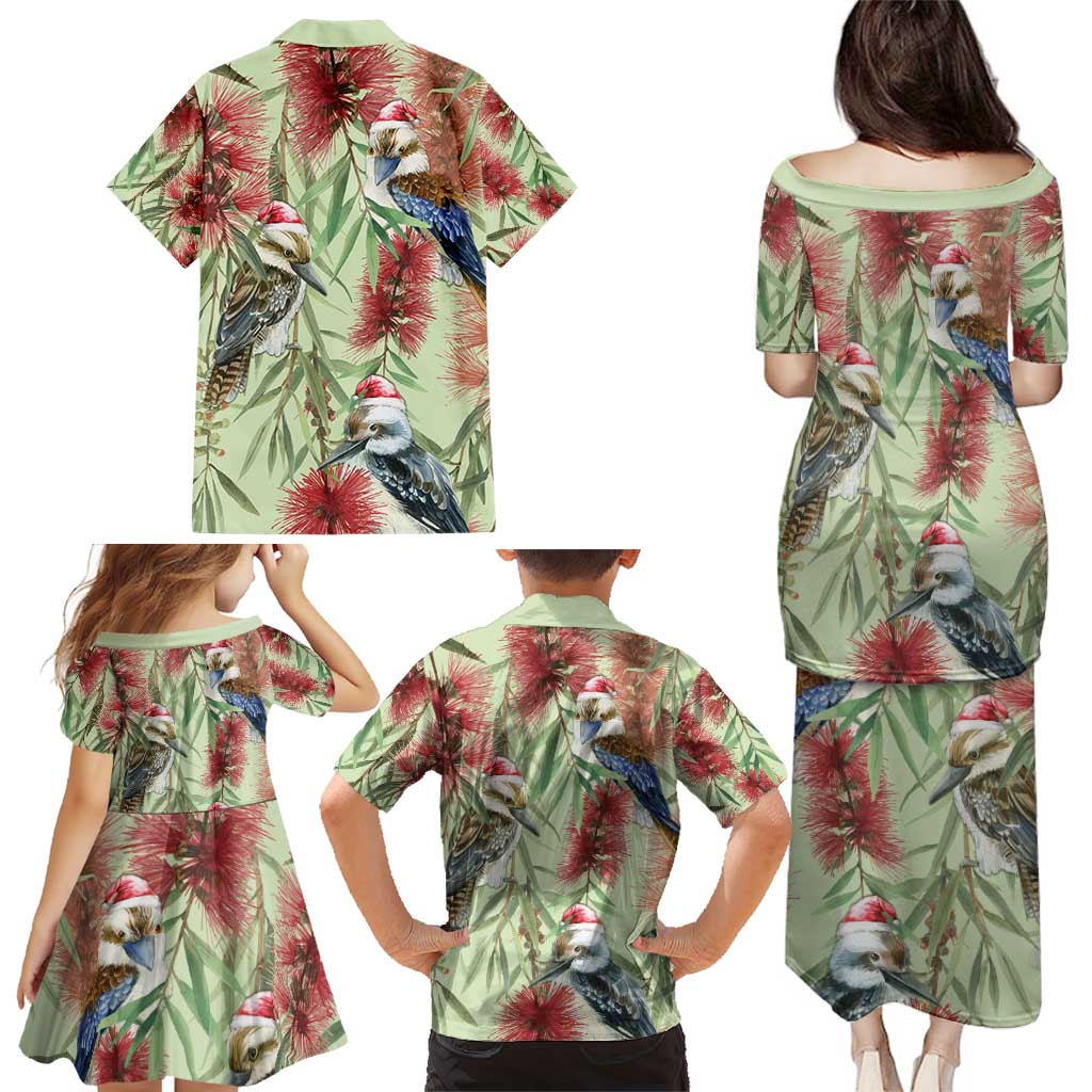 Australia Christmas Family Matching Puletasi and Hawaiian Shirt Kookaburra Santa on Callistemon - Pastel