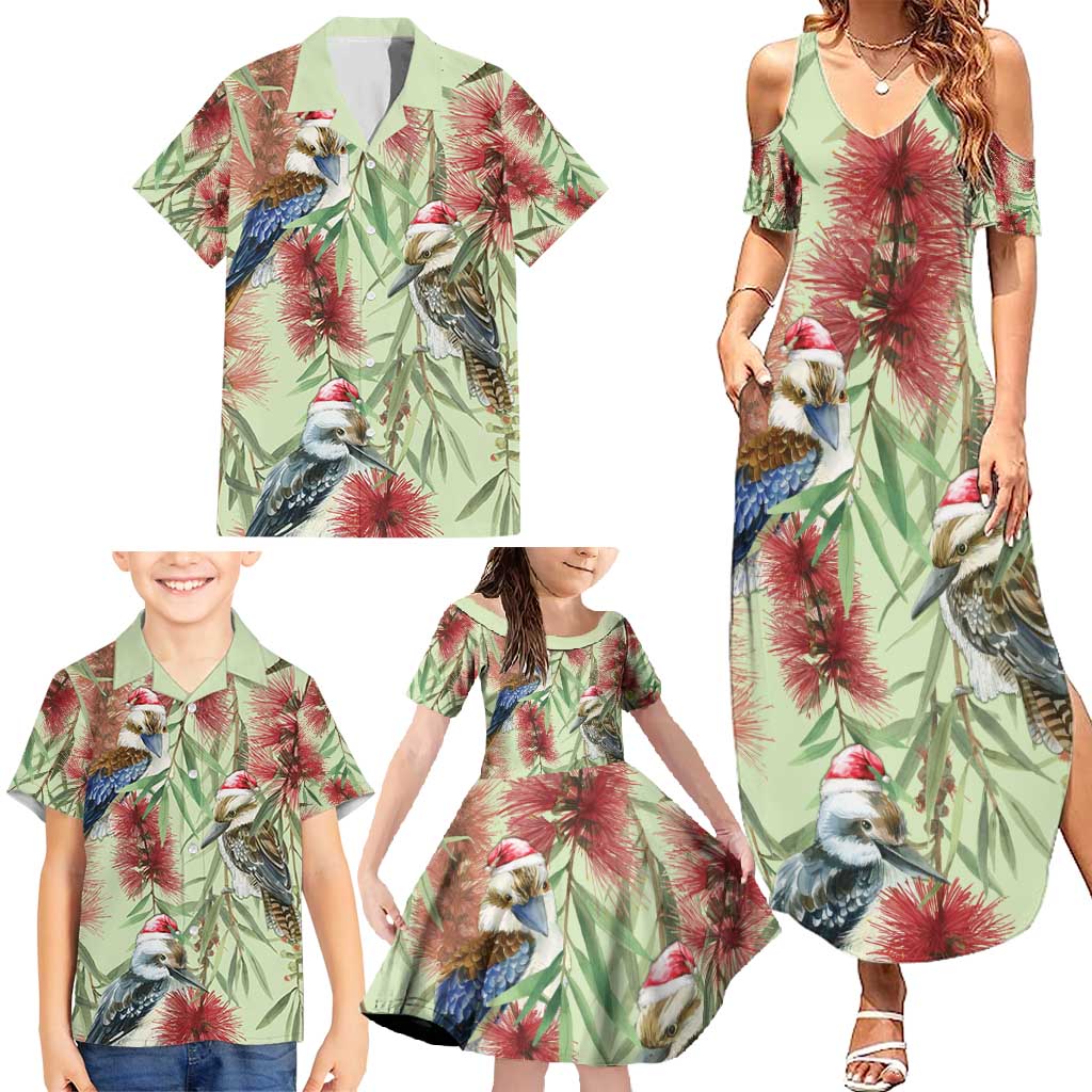 Australia Christmas Family Matching Summer Maxi Dress and Hawaiian Shirt Kookaburra Santa on Callistemon - Pastel