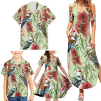 Australia Christmas Family Matching Summer Maxi Dress and Hawaiian Shirt Kookaburra Santa on Callistemon - Pastel