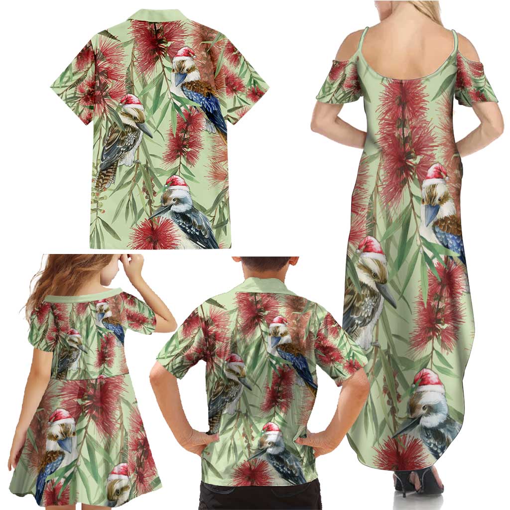 Australia Christmas Family Matching Summer Maxi Dress and Hawaiian Shirt Kookaburra Santa on Callistemon - Pastel