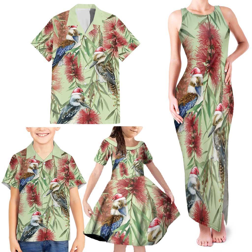 Australia Christmas Family Matching Tank Maxi Dress and Hawaiian Shirt Kookaburra Santa on Callistemon - Pastel