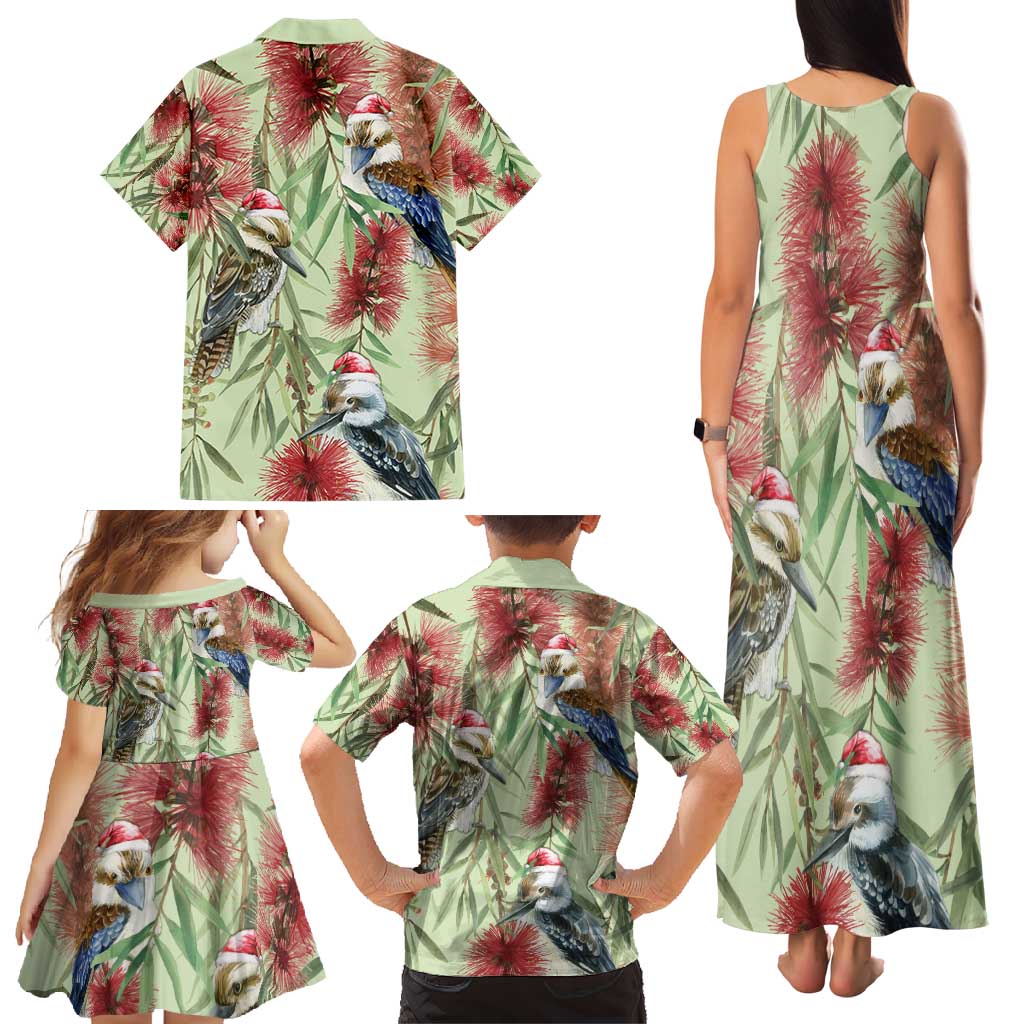 Australia Christmas Family Matching Tank Maxi Dress and Hawaiian Shirt Kookaburra Santa on Callistemon - Pastel