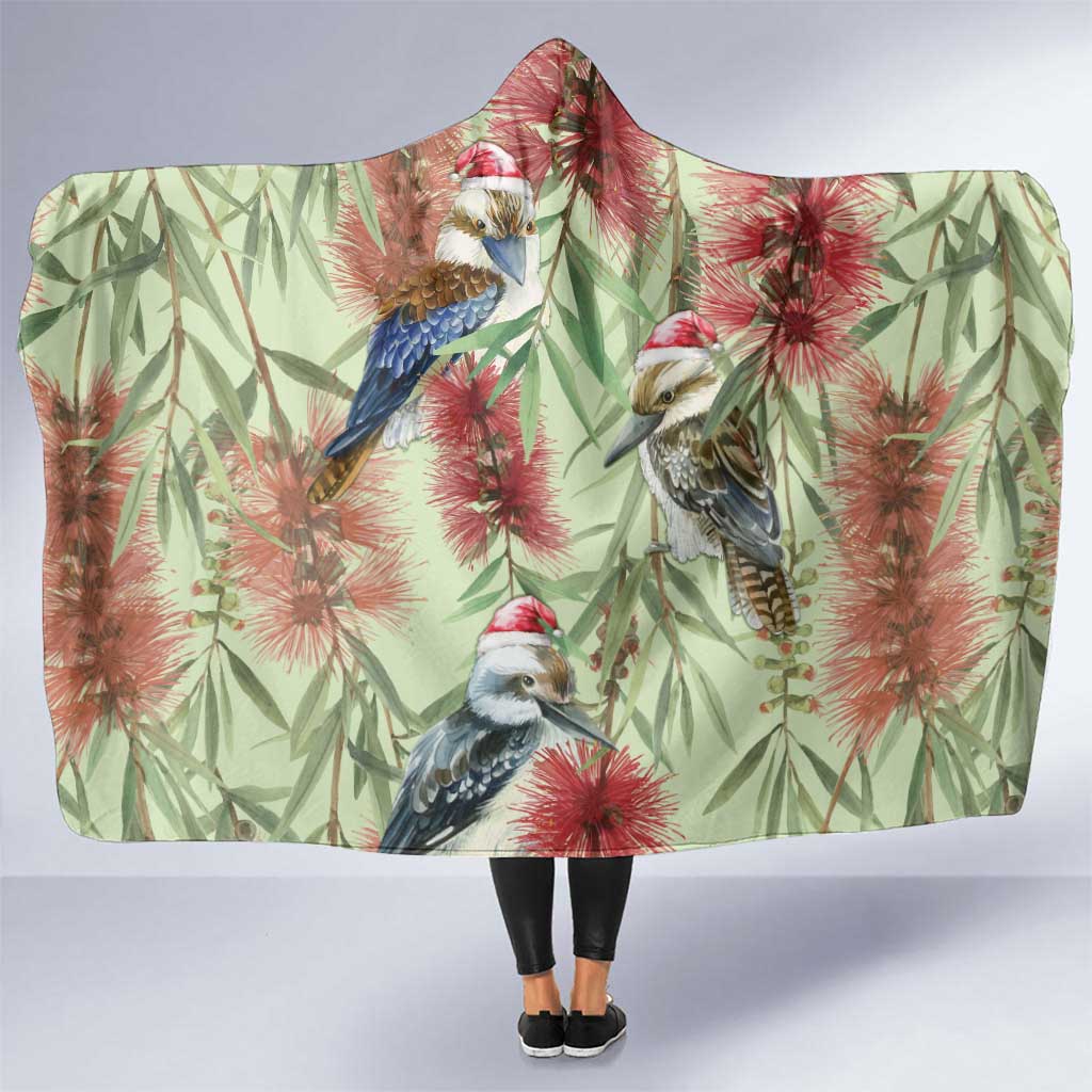 Australia Christmas Hooded Blanket Kookaburra Santa on Callistemon - Pastel