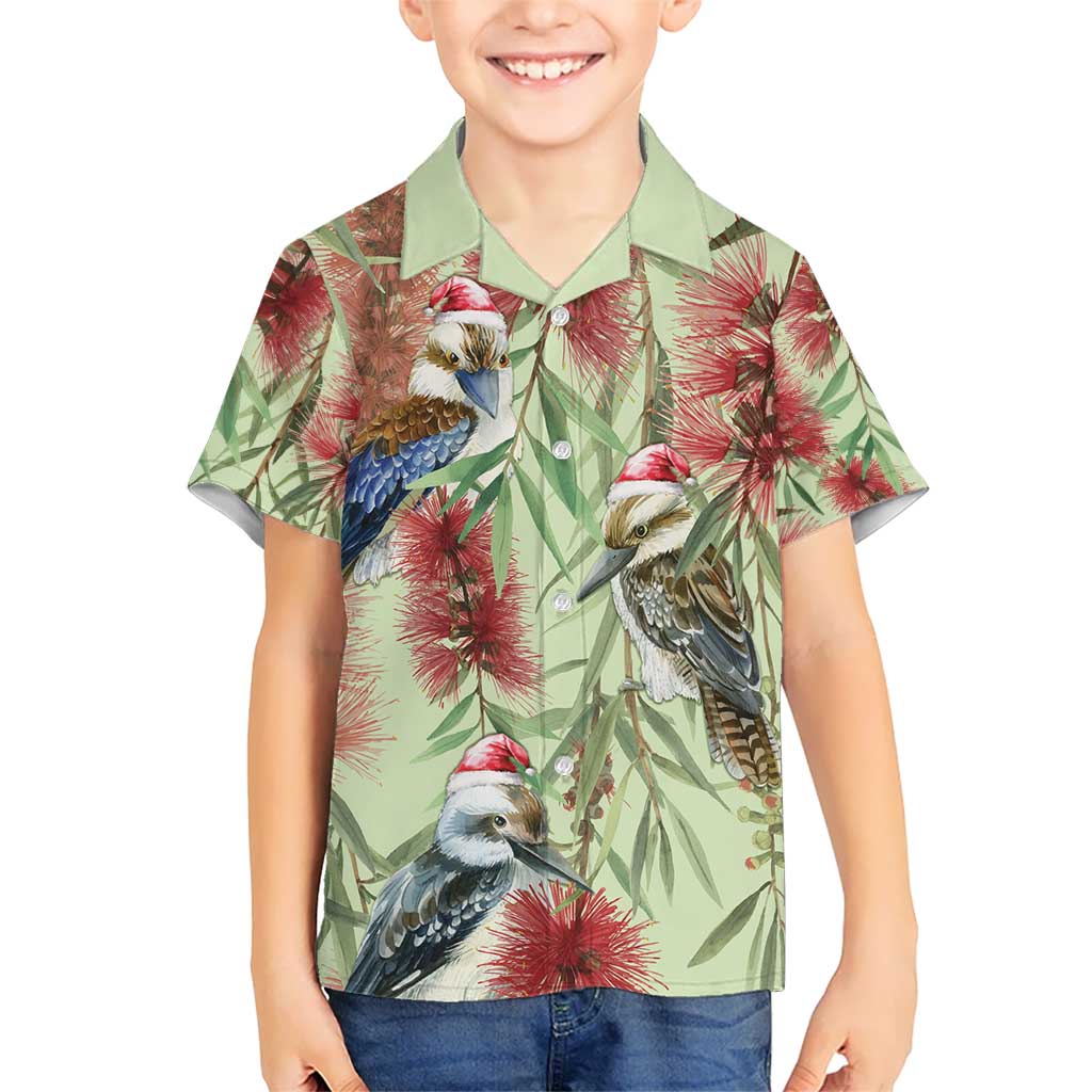 Australia Christmas Kid Hawaiian Shirt Kookaburra Santa on Callistemon - Pastel