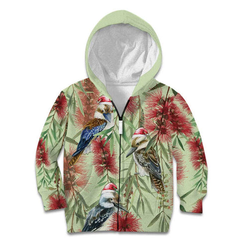 Australia Christmas Kid Hoodie Kookaburra Santa on Callistemon - Pastel