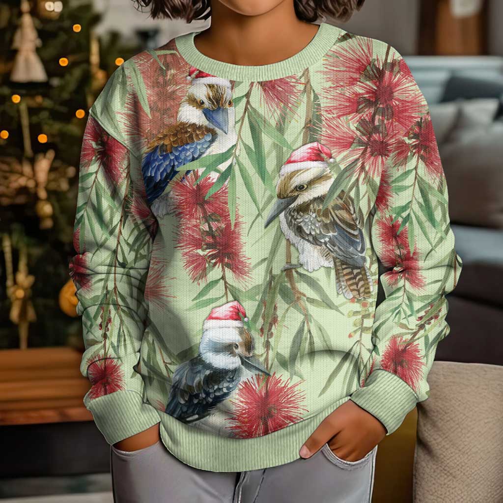 Australia Christmas Kid Ugly Christmas Sweater Kookaburra Santa on Callistemon - Pastel