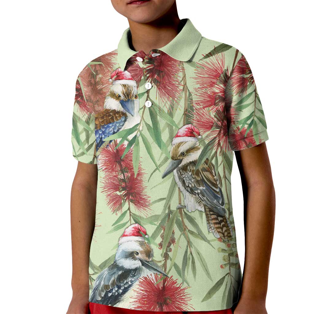 Australia Christmas Kid Polo Shirt Kookaburra Santa on Callistemon - Pastel