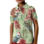 Australia Christmas Kid Polo Shirt Kookaburra Santa on Callistemon - Pastel