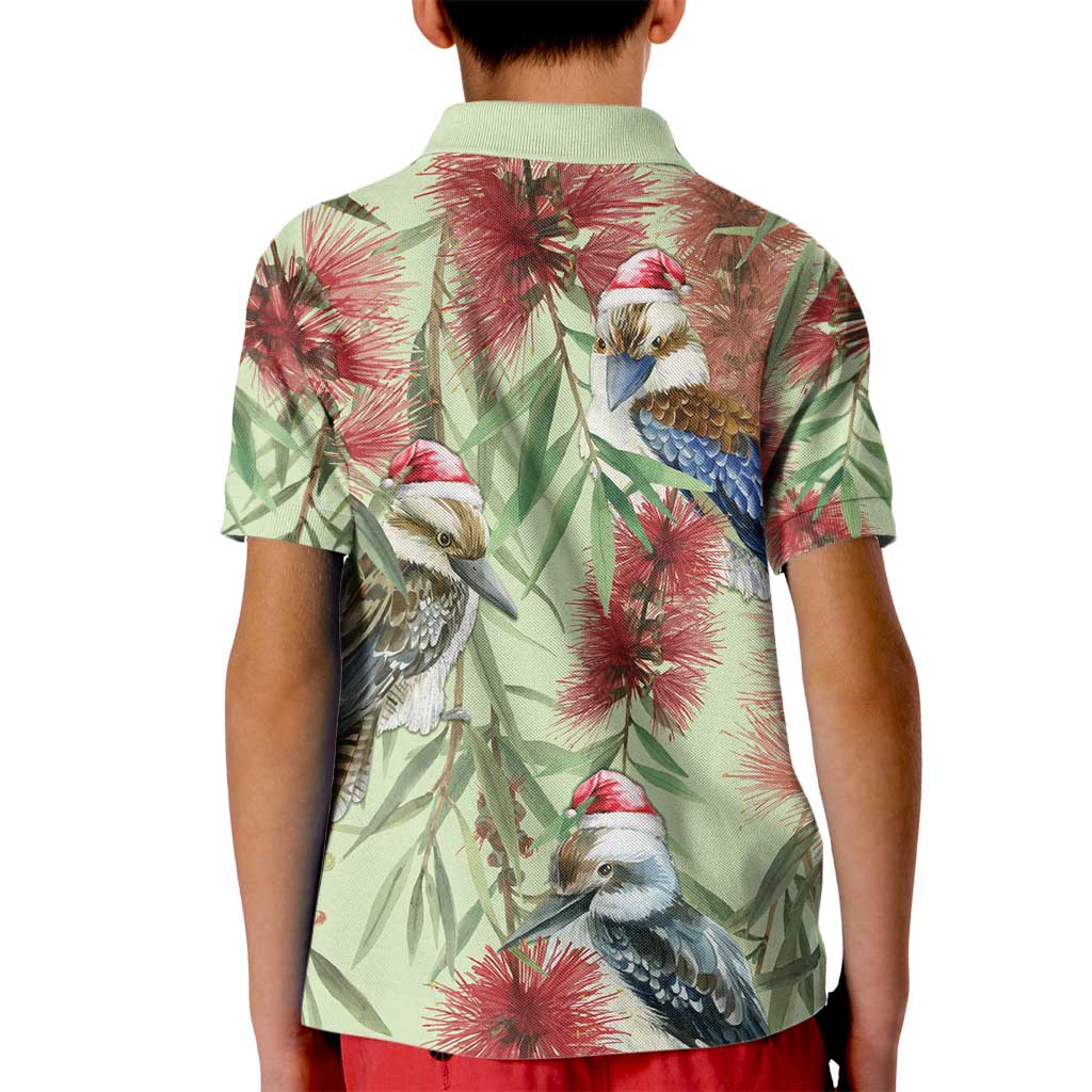 Australia Christmas Kid Polo Shirt Kookaburra Santa on Callistemon - Pastel