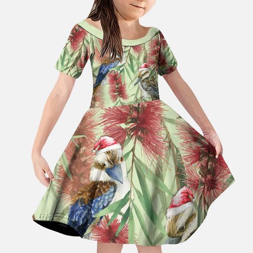 Australia Christmas Kid Short Sleeve Dress Kookaburra Santa on Callistemon - Pastel