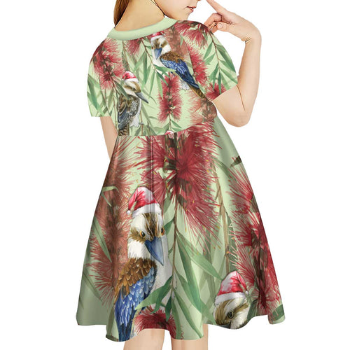 Australia Christmas Kid Short Sleeve Dress Kookaburra Santa on Callistemon - Pastel