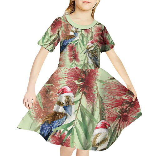Australia Christmas Kid Short Sleeve Dress Kookaburra Santa on Callistemon - Pastel