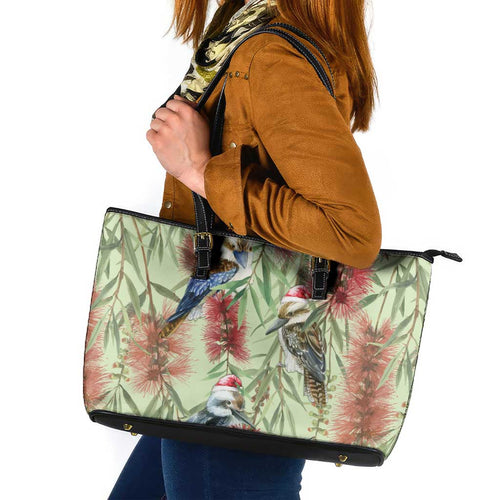 Australia Christmas Leather Tote Bag Kookaburra Santa on Callistemon - Pastel