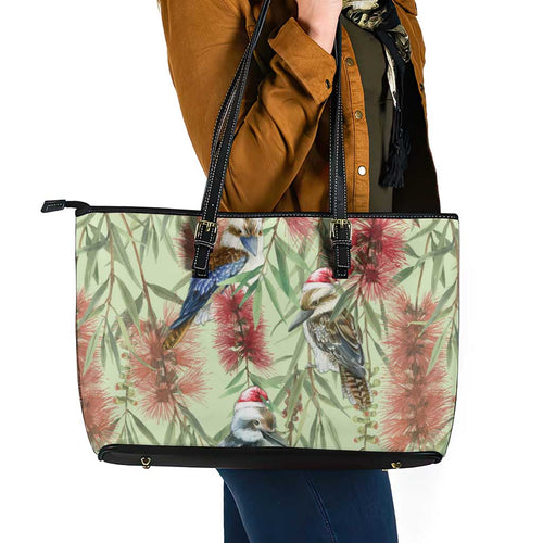 Australia Christmas Leather Tote Bag Kookaburra Santa on Callistemon - Pastel