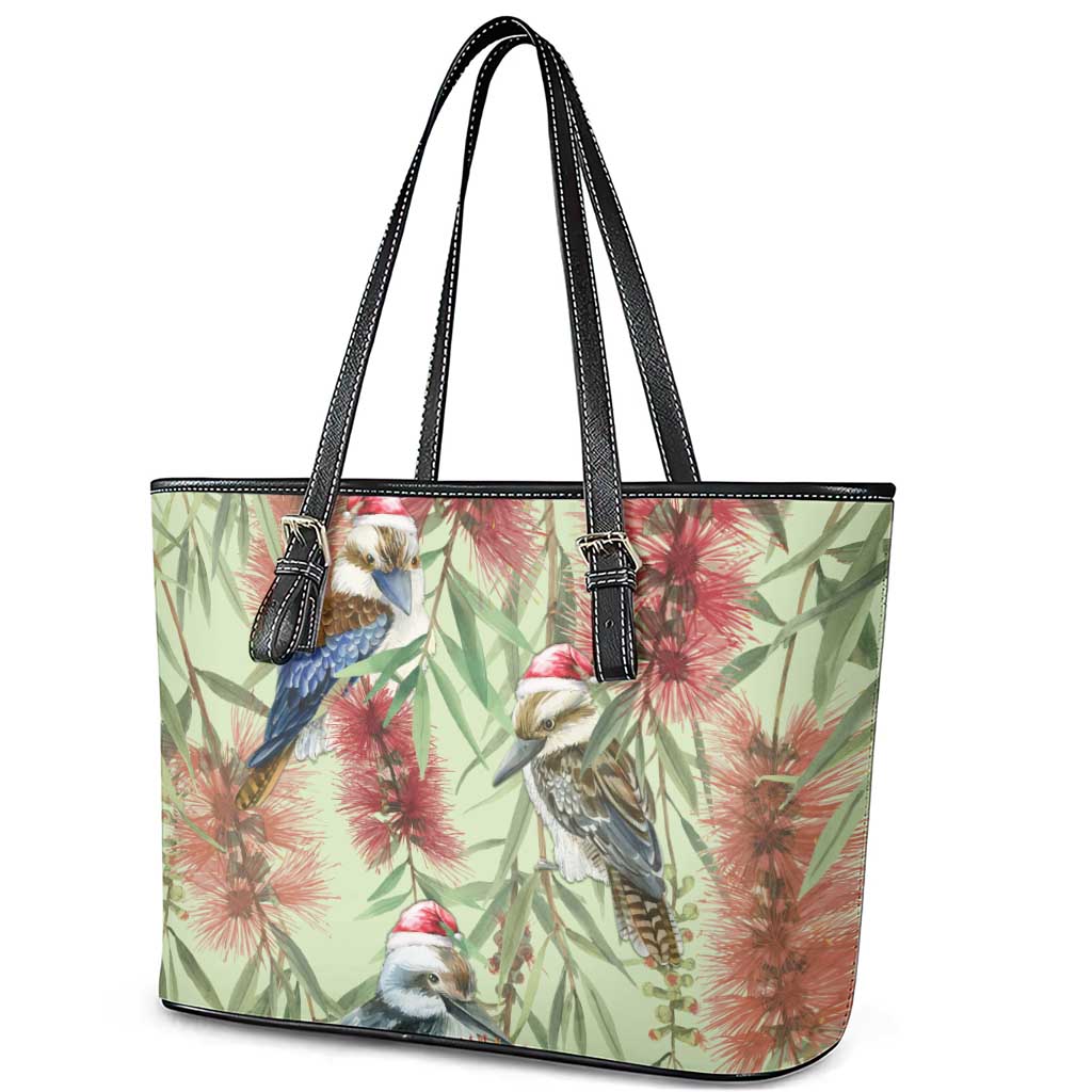 Australia Christmas Leather Tote Bag Kookaburra Santa on Callistemon - Pastel