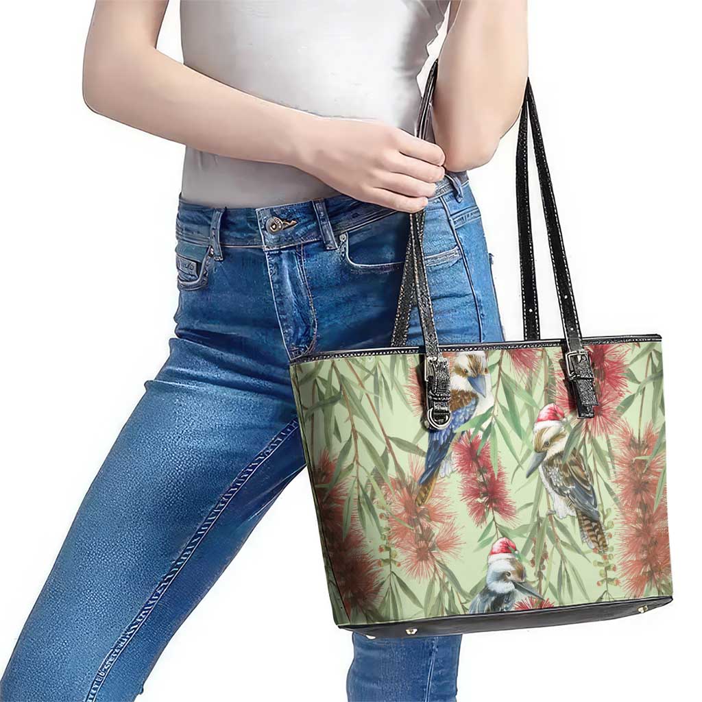 Australia Christmas Leather Tote Bag Kookaburra Santa on Callistemon - Pastel