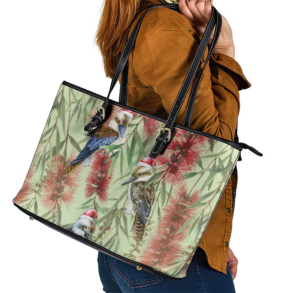 Australia Christmas Leather Tote Bag Kookaburra Santa on Callistemon - Pastel