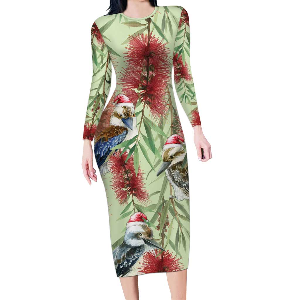 Australia Christmas Long Sleeve Bodycon Dress Kookaburra Santa on Callistemon - Pastel