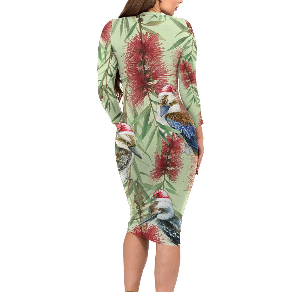 Australia Christmas Long Sleeve Bodycon Dress Kookaburra Santa on Callistemon - Pastel