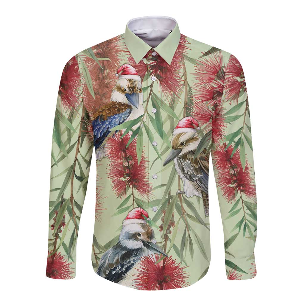 Australia Christmas Long Sleeve Button Shirt Kookaburra Santa on Callistemon - Pastel