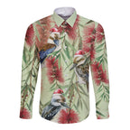 Australia Christmas Long Sleeve Button Shirt Kookaburra Santa on Callistemon - Pastel