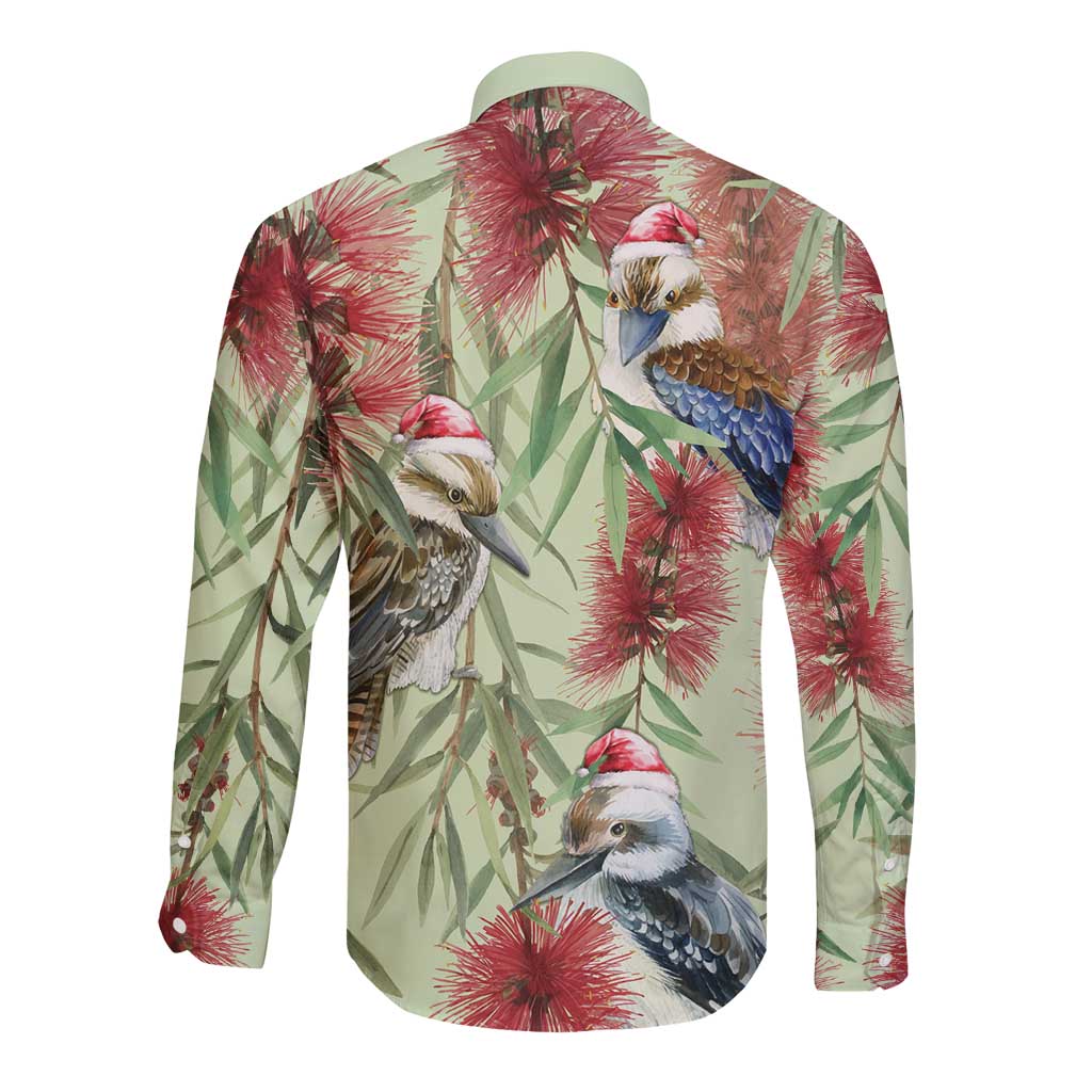 Australia Christmas Long Sleeve Button Shirt Kookaburra Santa on Callistemon - Pastel