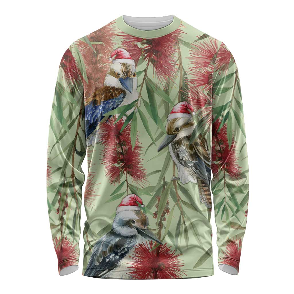 Australia Christmas Long Sleeve Shirt Kookaburra Santa on Callistemon - Pastel