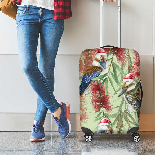 Australia Christmas Luggage Cover Kookaburra Santa on Callistemon - Pastel