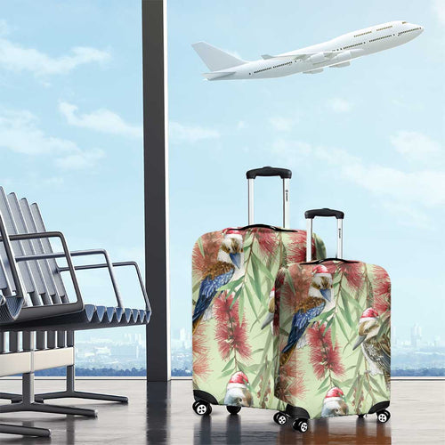 Australia Christmas Luggage Cover Kookaburra Santa on Callistemon - Pastel