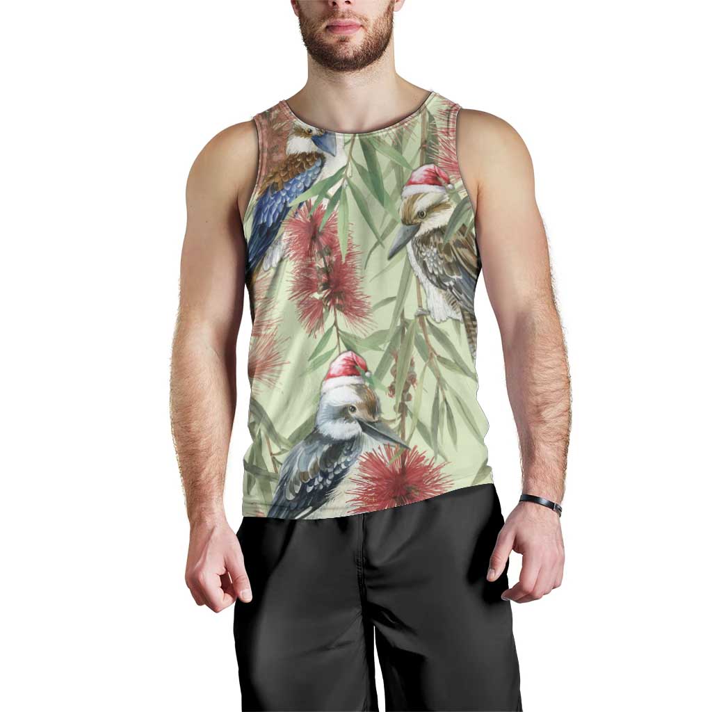 Australia Christmas Men Tank Top Kookaburra Santa on Callistemon - Pastel