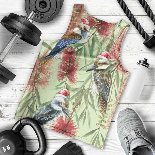 Australia Christmas Men Tank Top Kookaburra Santa on Callistemon - Pastel