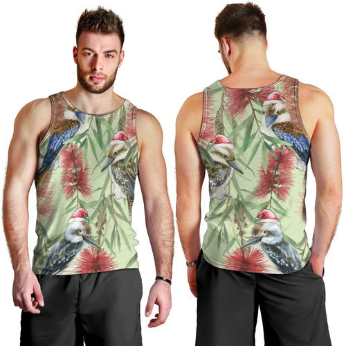 Australia Christmas Men Tank Top Kookaburra Santa on Callistemon - Pastel