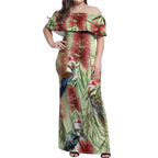 Australia Christmas Off Shoulder Maxi Dress Kookaburra Santa on Callistemon - Pastel