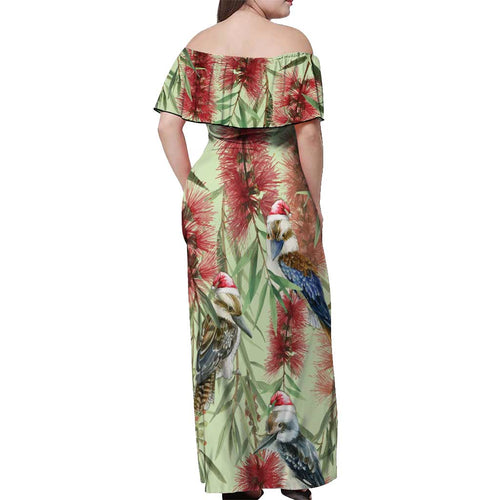 Australia Christmas Off Shoulder Maxi Dress Kookaburra Santa on Callistemon - Pastel