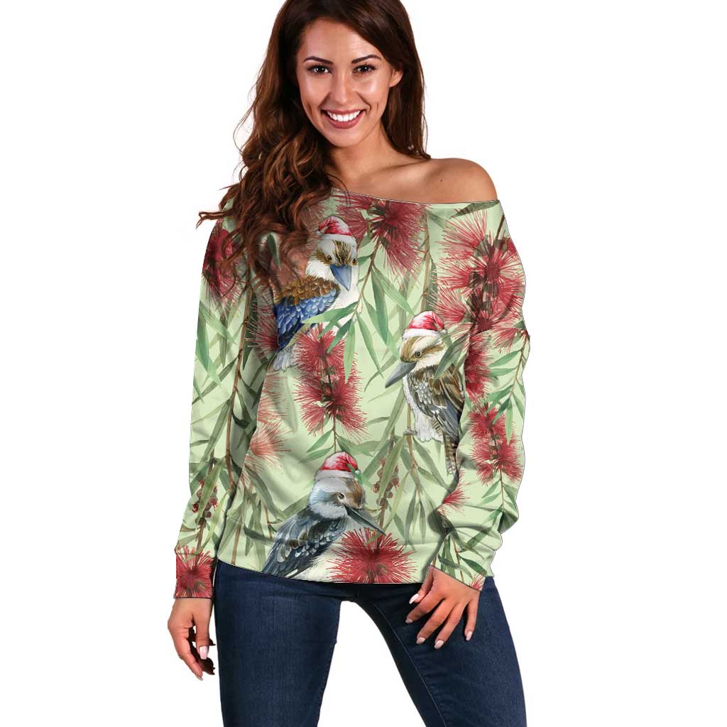 Australia Christmas Off Shoulder Sweater Kookaburra Santa on Callistemon - Pastel