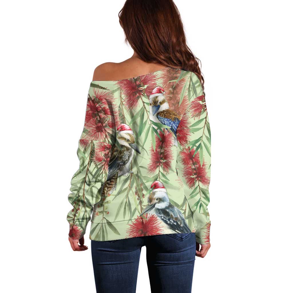 Australia Christmas Off Shoulder Sweater Kookaburra Santa on Callistemon - Pastel