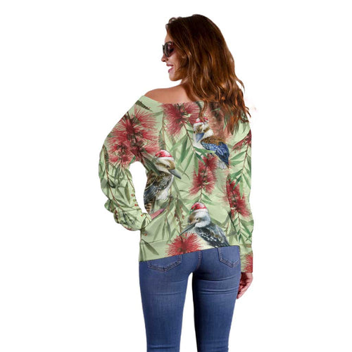 Australia Christmas Off Shoulder Sweater Kookaburra Santa on Callistemon - Pastel
