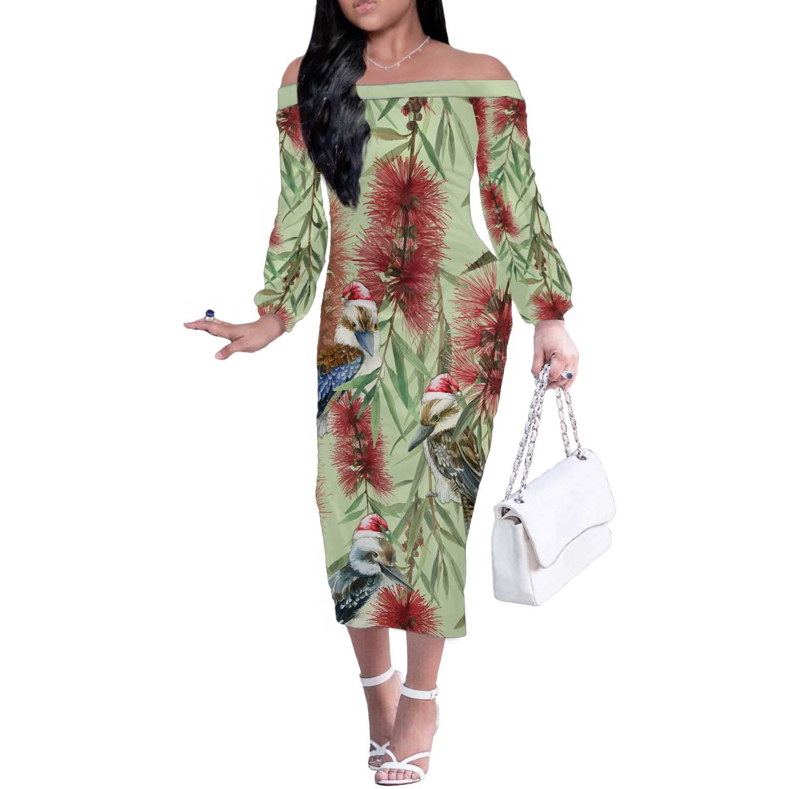 Australia Christmas Off The Shoulder Long Sleeve Dress Kookaburra Santa on Callistemon - Pastel