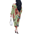 Australia Christmas Off The Shoulder Long Sleeve Dress Kookaburra Santa on Callistemon - Pastel